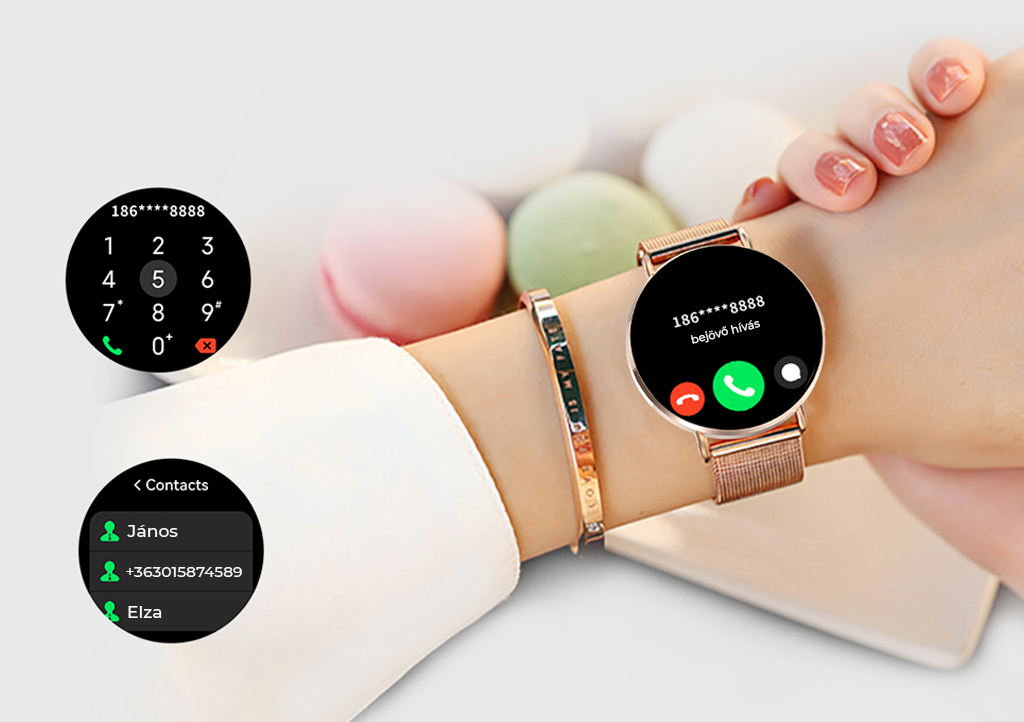 H06 Magyar nyelvű női okosóra pulzus-, vérnyomás-, véroxigénszintmérő funkciókkal, Bluetooth hívással